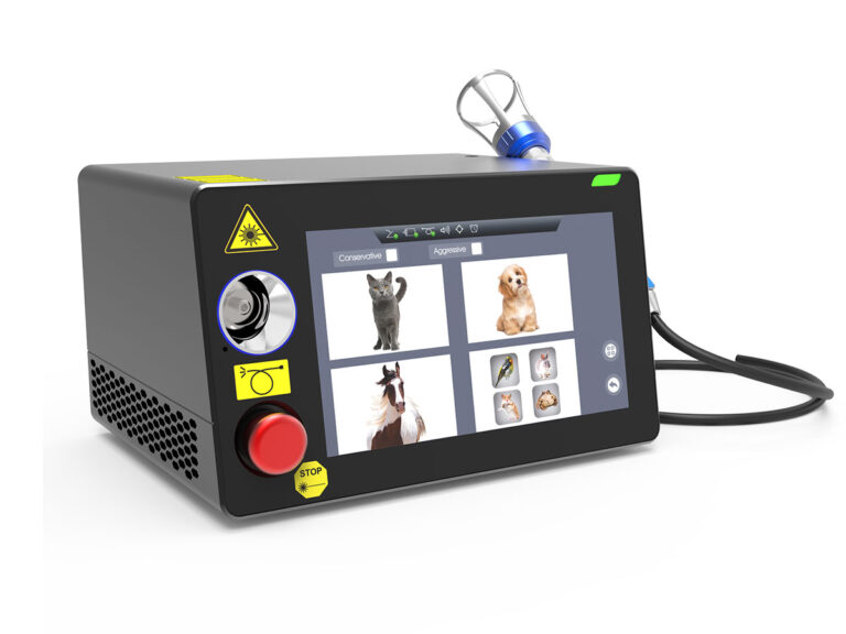 Touchscreen diagnostic device with pet photos on the display, red emergency stop button, and safety stickers on the front panel.
