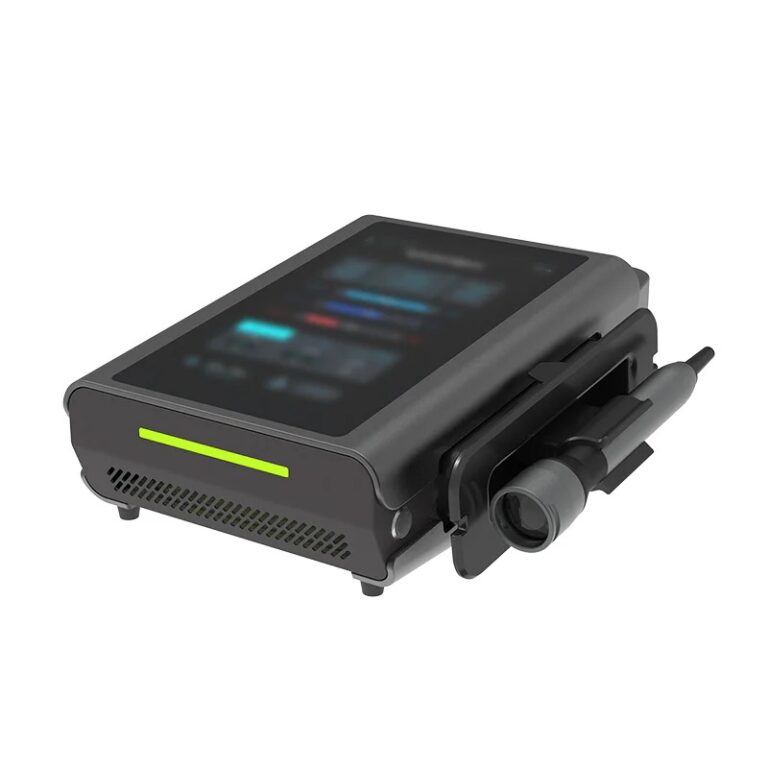 Portable medical diagnostic device with touchscreen and an attached handheld probe on the side.