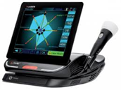 VoIP conference phone with a large color touchscreen, cordless handset, and base docking station on a desk